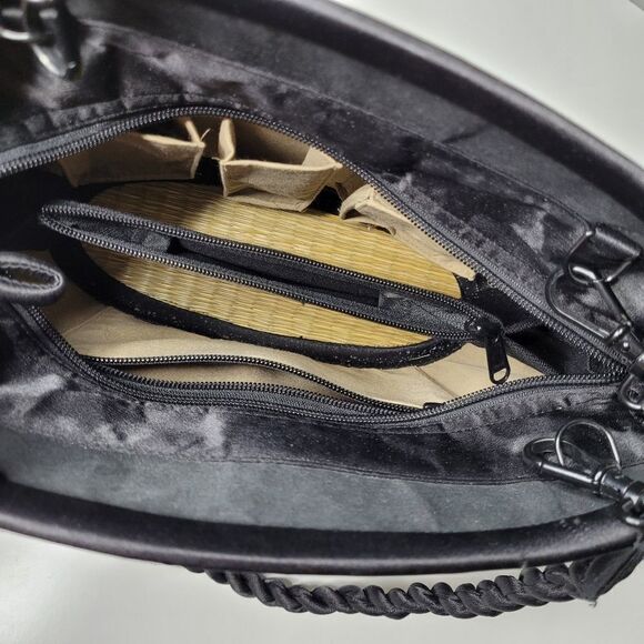 BASKETS OF CAMBODIA black tan top zip multi compartment tote bag purse LIKE NEW - Picture 10 of 16